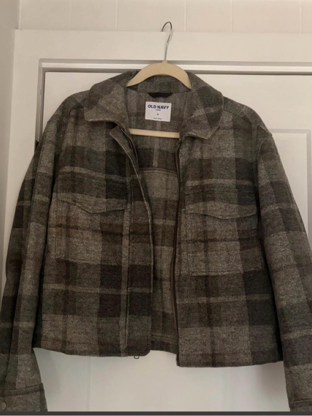 Old Navy Women's Brown and Gray Plaid Zip-Front Jacket